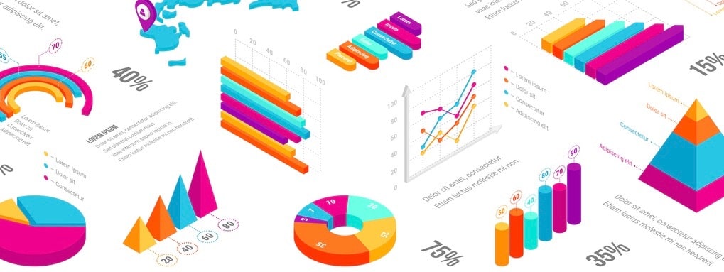 Abstract isometric infographics template. 3D business, financial, marketing data graphs and diagram set showing progress and regression.