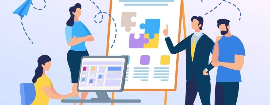 Business Trainer Presentation of Colorful Puzzle Pieces on Flip Board.