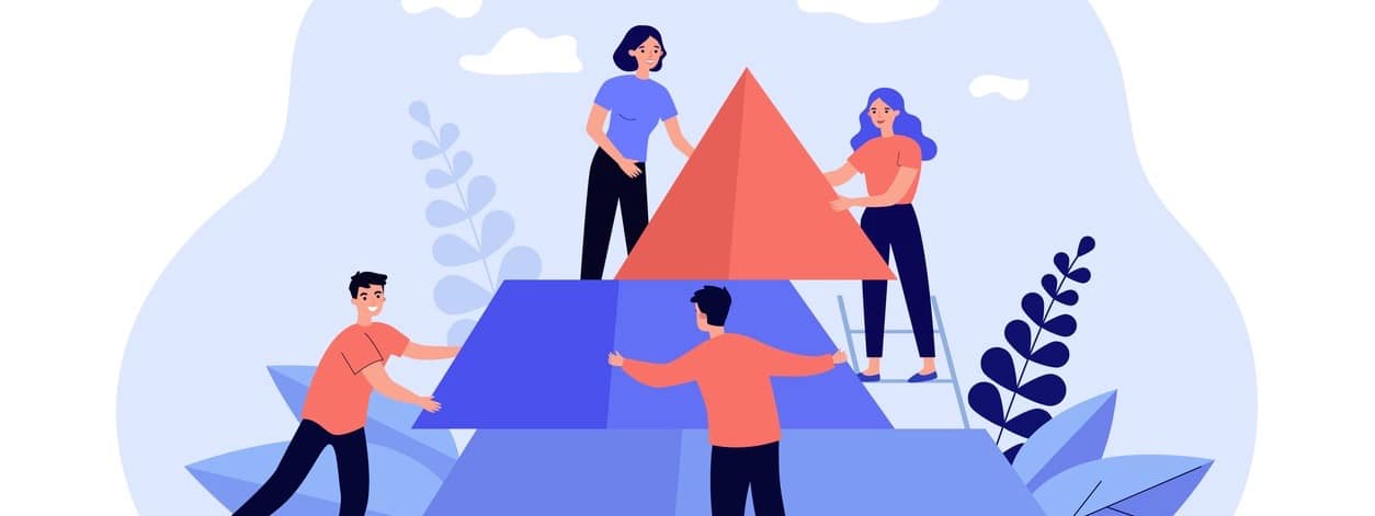 Team of people building pyramid, connecting puzzle elements together.
