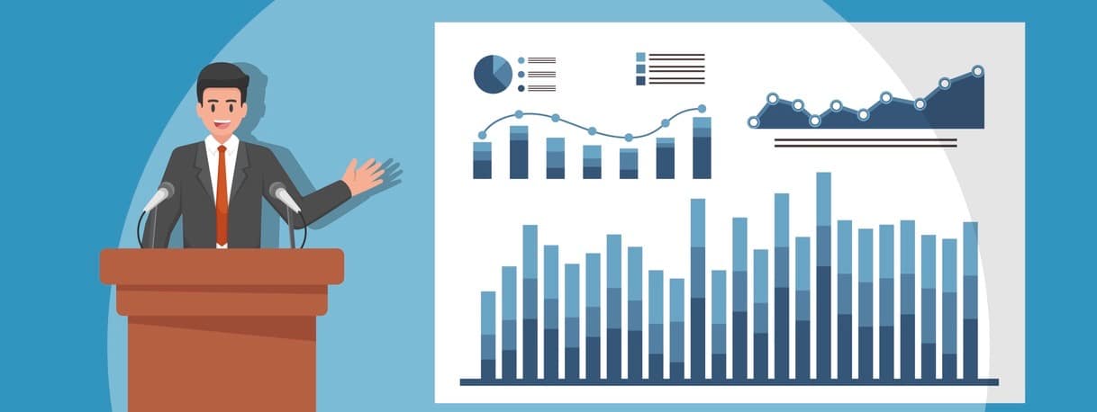 Businessmen giving speech or presenting charts on a whiteboard in meeting room.