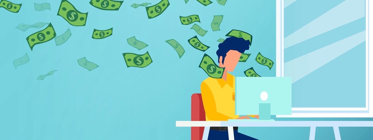 Vector of a young man working from home on computer and earning money