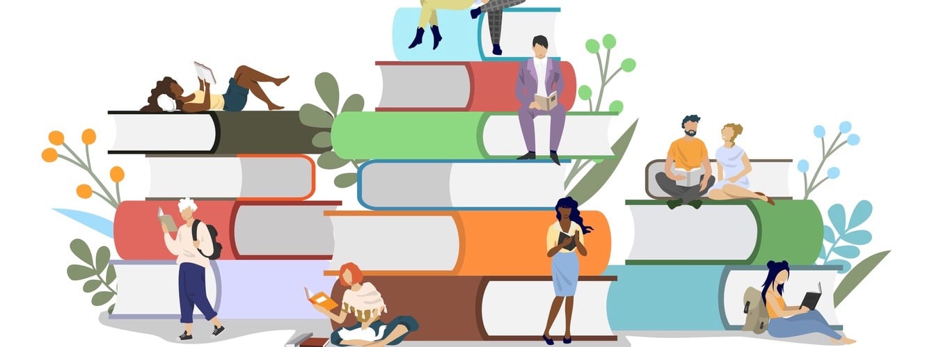 Diversity people readers male and female characters reading books while sitting on book pile.