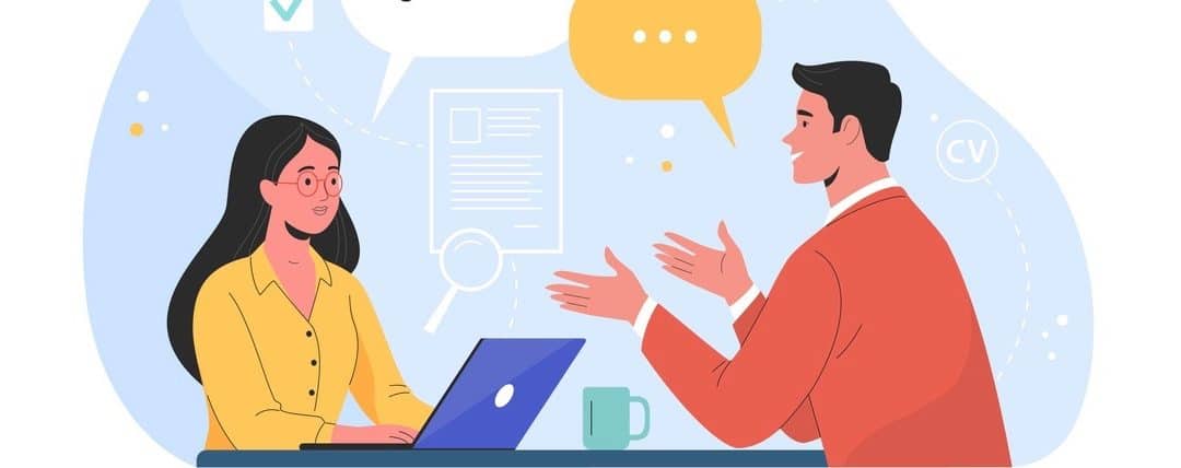 Vector flat modern illustration of a man talking to a young woman with laptop.
