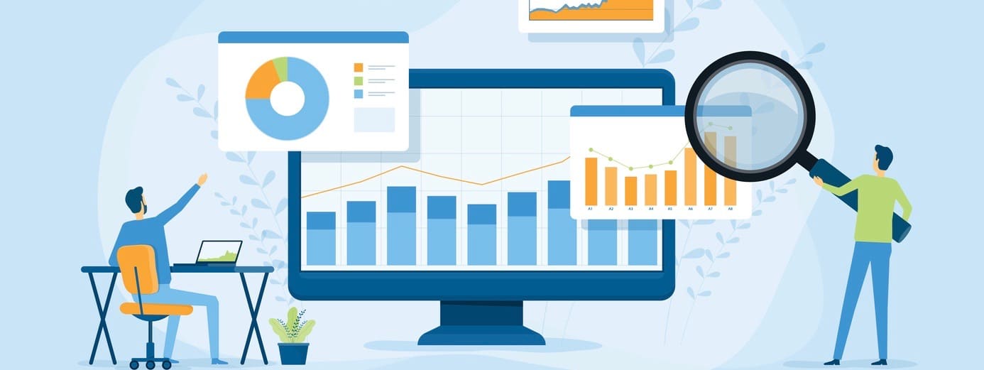 Flat vector design statistical and Data analysis for business finance investment concept with business people team working on monitor graph dashboard