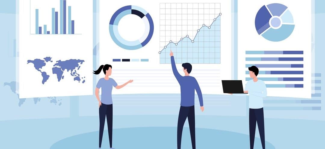 Teamwork of business analysts on holographic charts and diagrams of sales management statistics and operational reports, key performance indicators.