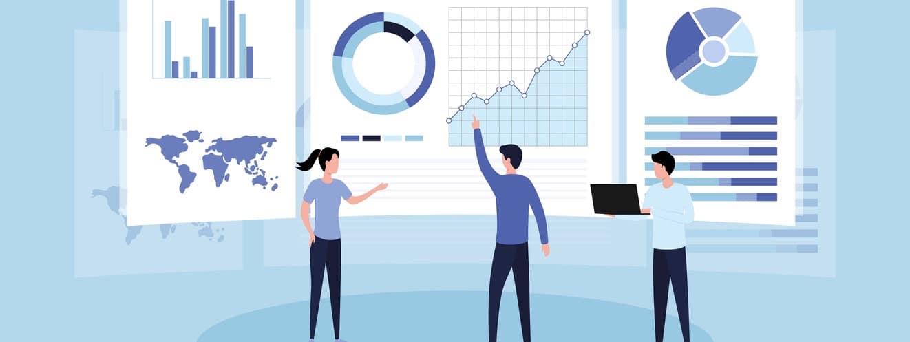 Teamwork of business analysts on holographic charts and diagrams of sales management statistics and operational reports, key performance indicators.
