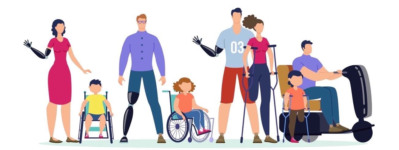 Disabled People Trendy Flat Vector Banner, Poster Template. Disabled Men and Women Characters with Hand, Leg Prosthesis, Injured Lady on Crutches, Children on Wheelchair Standing Together