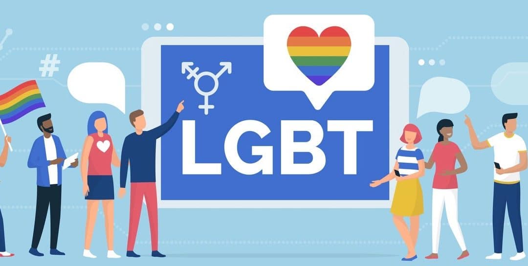 Multiethnic group of people supporting a LGBT rights parade and online community social media app.