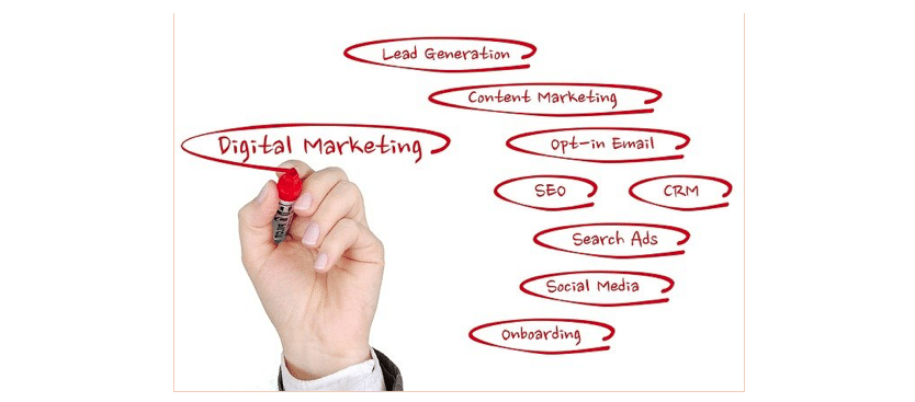 A person writing essential digital marketing elements with a red marker.