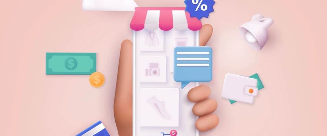 Hand holding mobile smart phone with shop app.