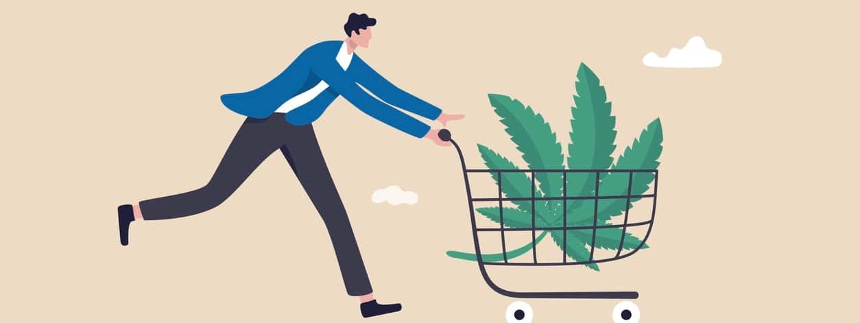 happy patient man pushing shopping cart with cannabis leaf.