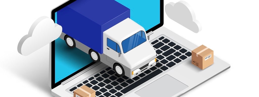 Shipping service online isometric concept with laptop, truck, plane, boxes isolated on white background.