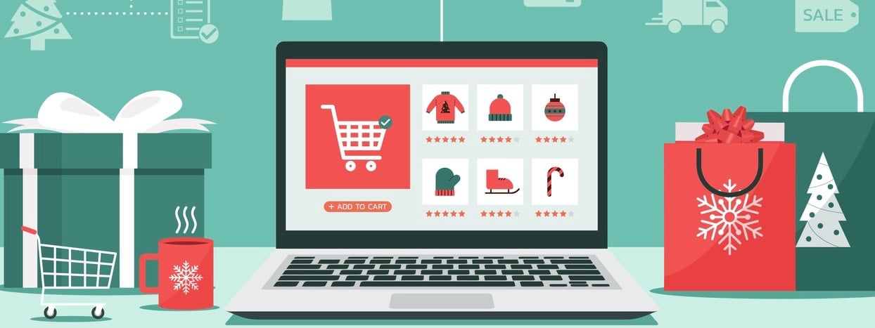 Christmas online shopping concept on laptop screen with gift boxes, shopping bags, shopping cart on desk, and icon.