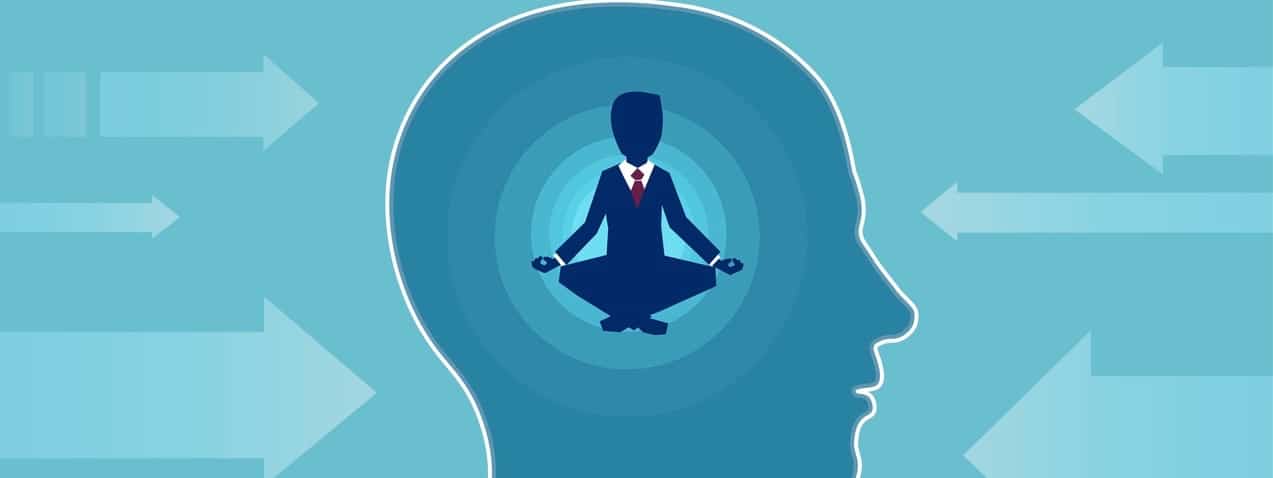 Vector of a business man inside human head doing yoga resisting outside negative influence.