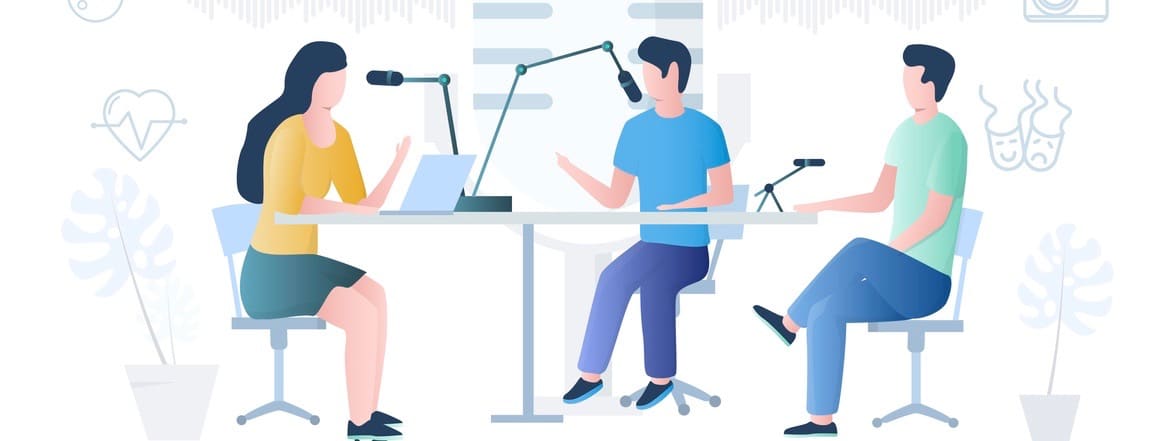 People making podcast in radio studio, vector illustration.