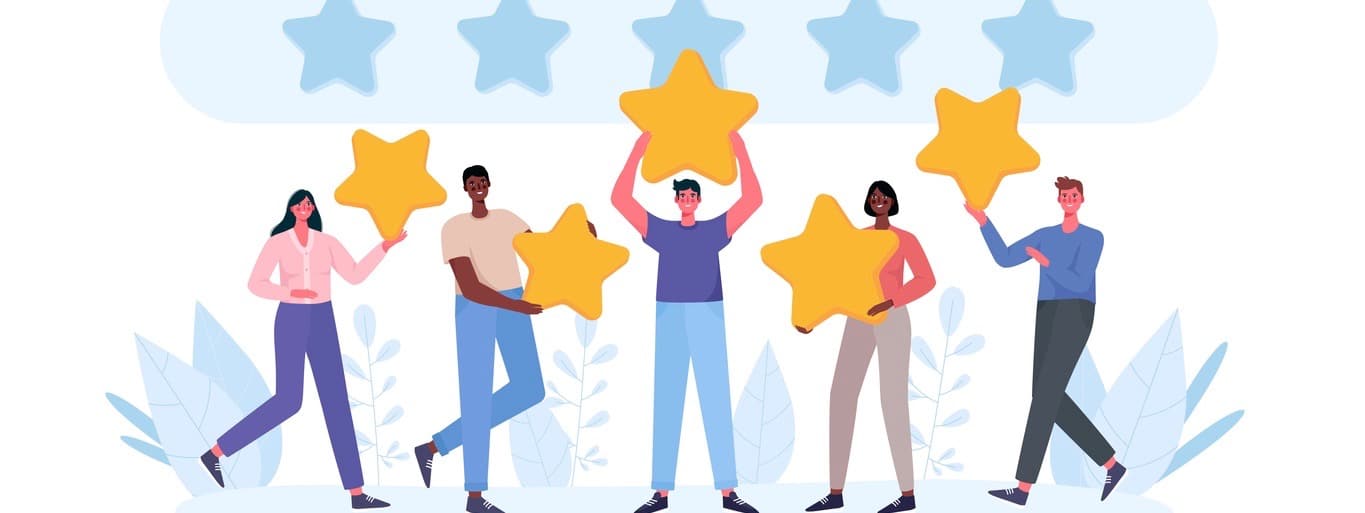 People holding stars, giving five star Feedback.