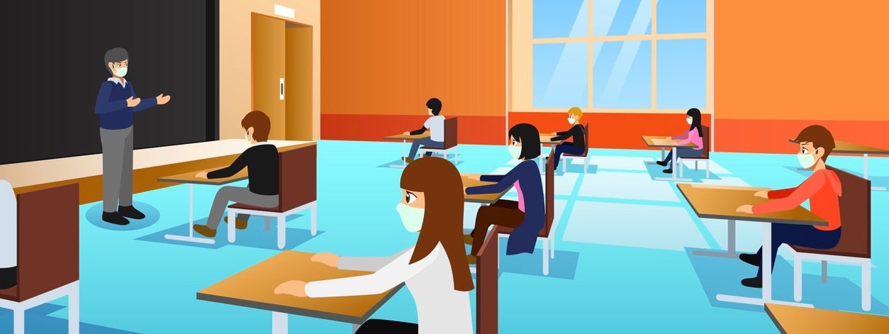 A vector illustration of College Students Wearing Masks During Lecture