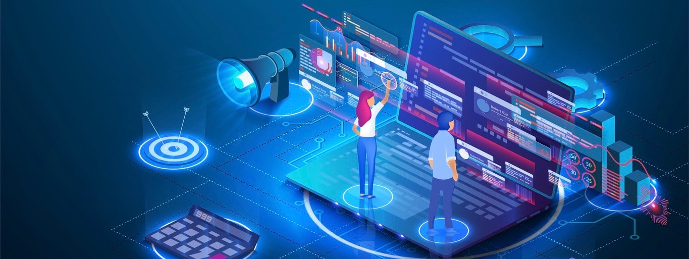 Data analysis concept. Teamwork of business analysts on holographic charts and diagrams