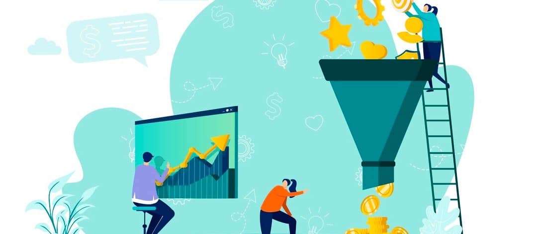 Marketing funnel concept in flat style. Marketers processing data scene.