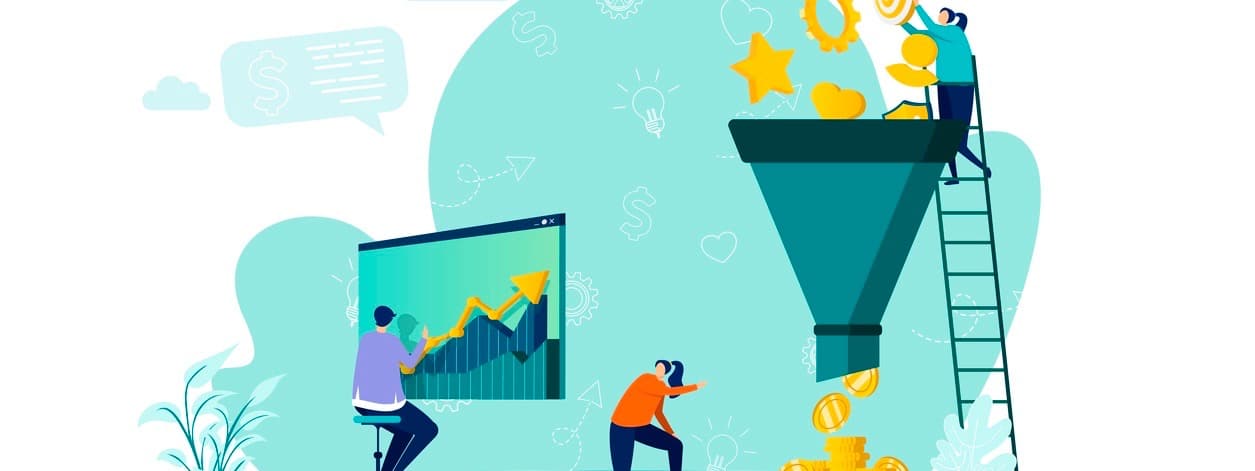 Marketing funnel concept in flat style. Marketers processing data scene.