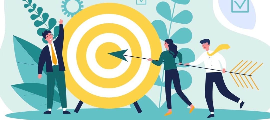 Businesspeople driving arrow to goal. Successful professional team hitting target.