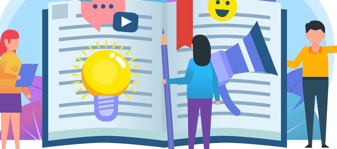 Online blog concept. Small people stand near big notebook, various social icons. Poster for social media, presentation, web page, banner