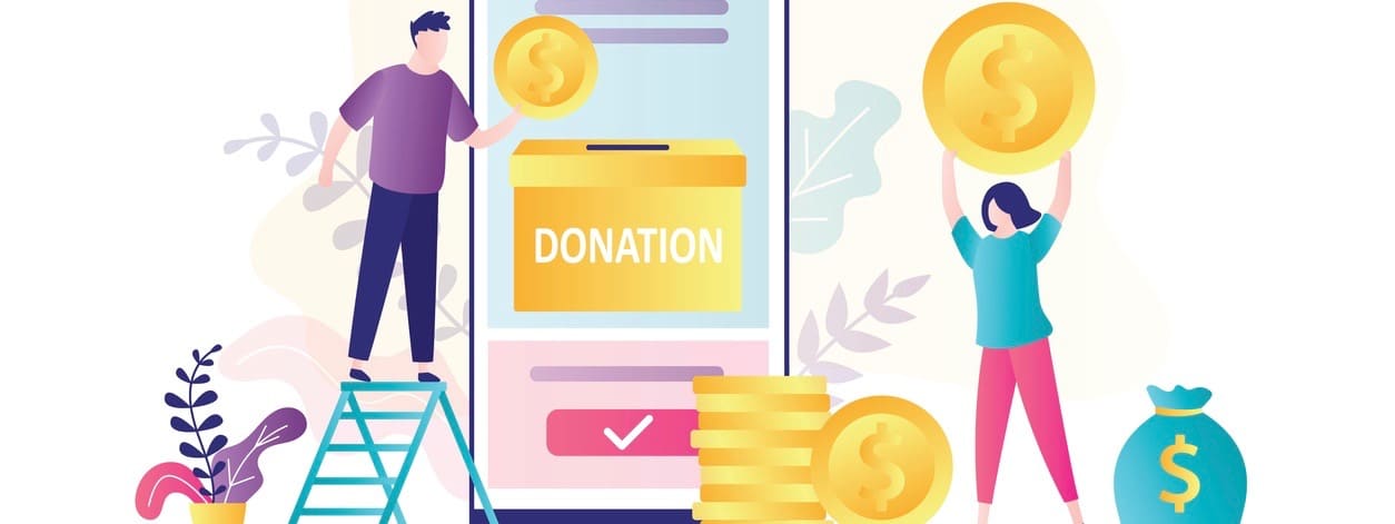 Business people donate money via smartphone. Donating money by online payment.