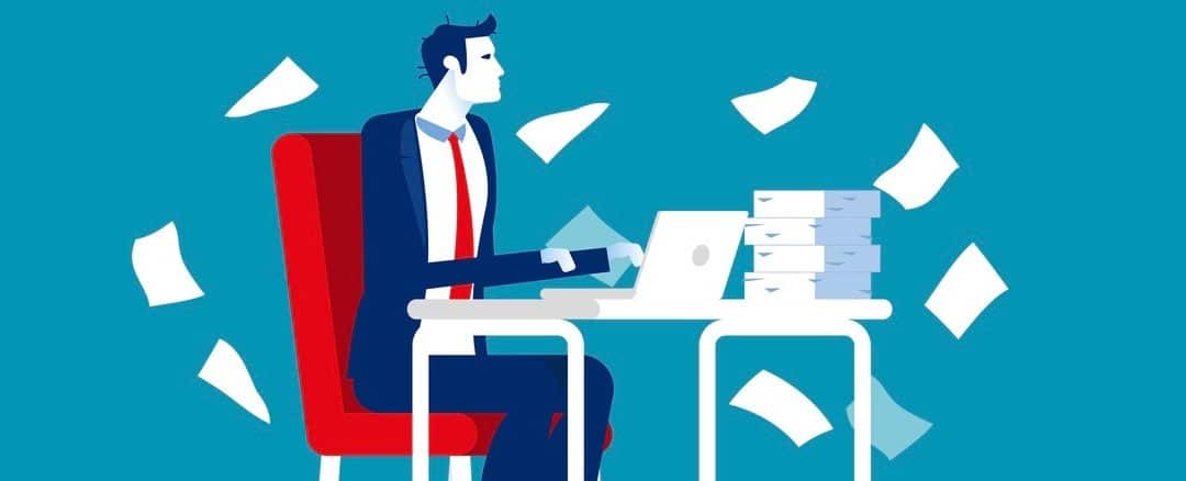 Office worker with documents scattered.