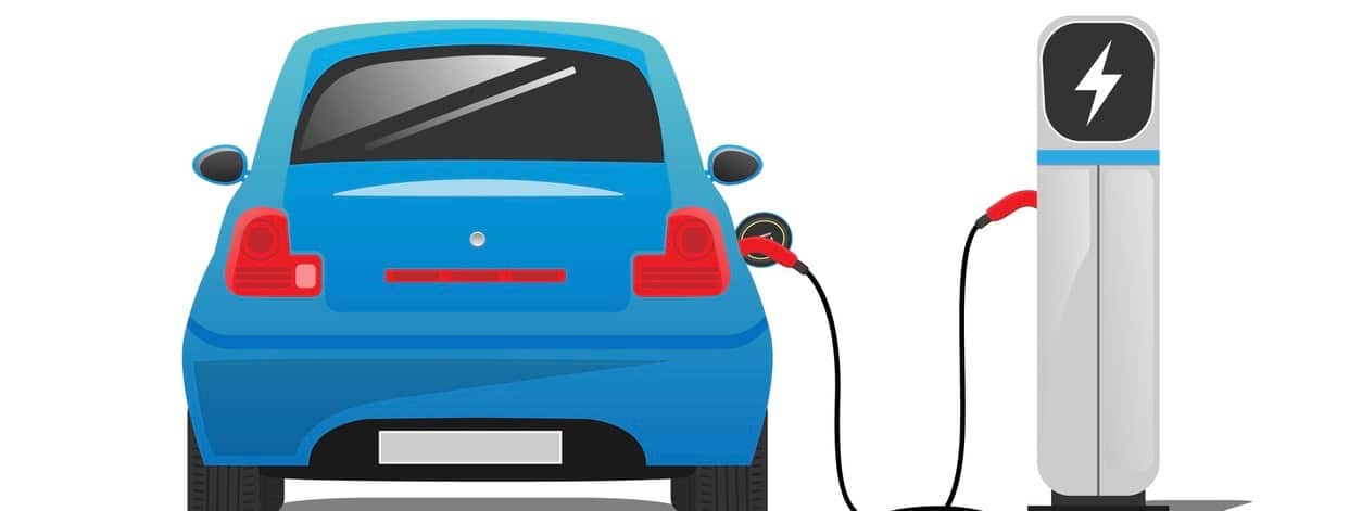 Blue electric car with electric car charging station on white background