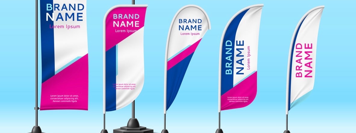 Realistic unified design promotional sign, fabric branded mockup, outdoor advertisement marketing and event info.