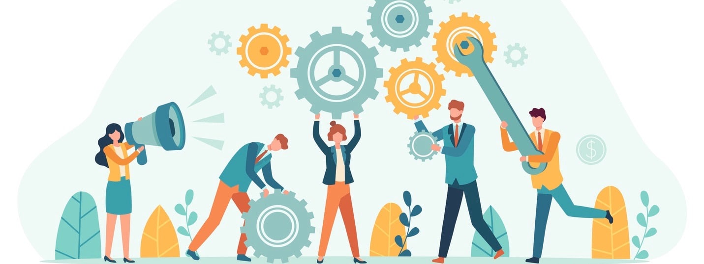 Business people with gears. Employee team create mechanism with cogs, manager with megaphone.