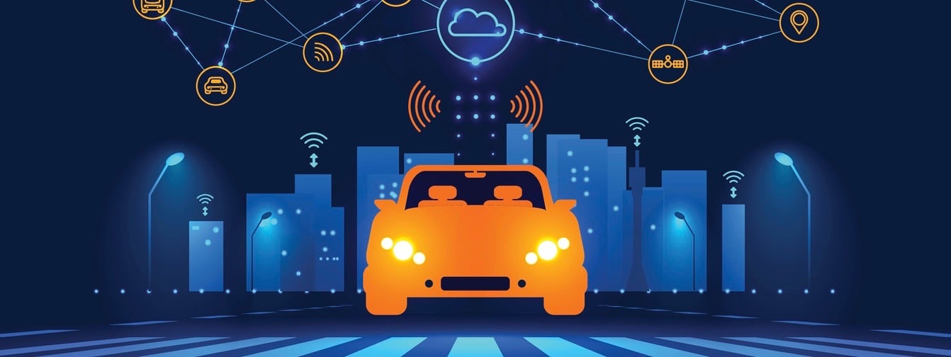 Smart car wireless network connection with smart city. Smart vehicle and automotive technology.