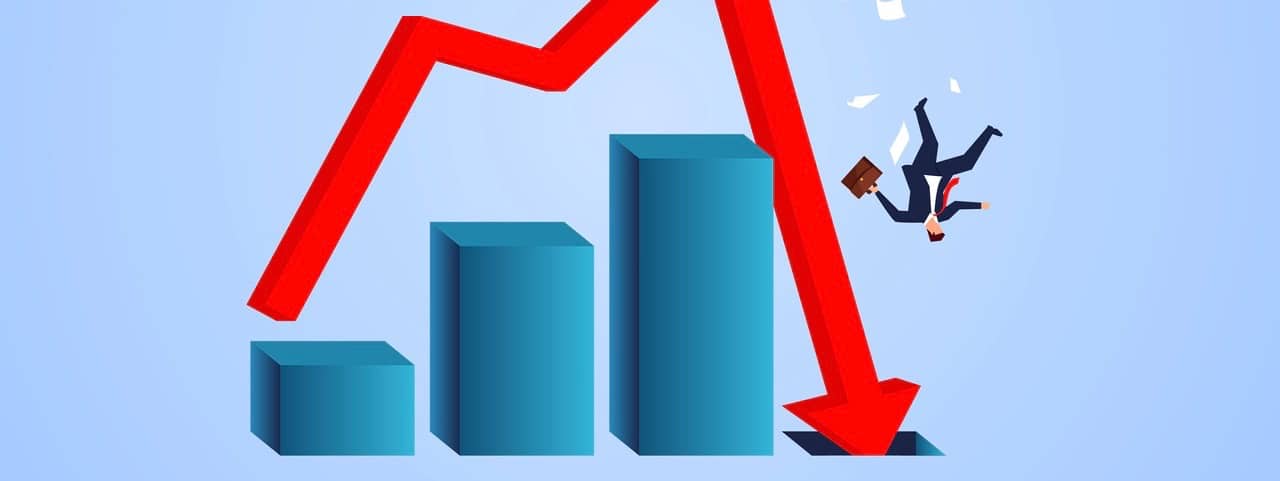 Falling business chart, failed business, businessman fell from the arrow