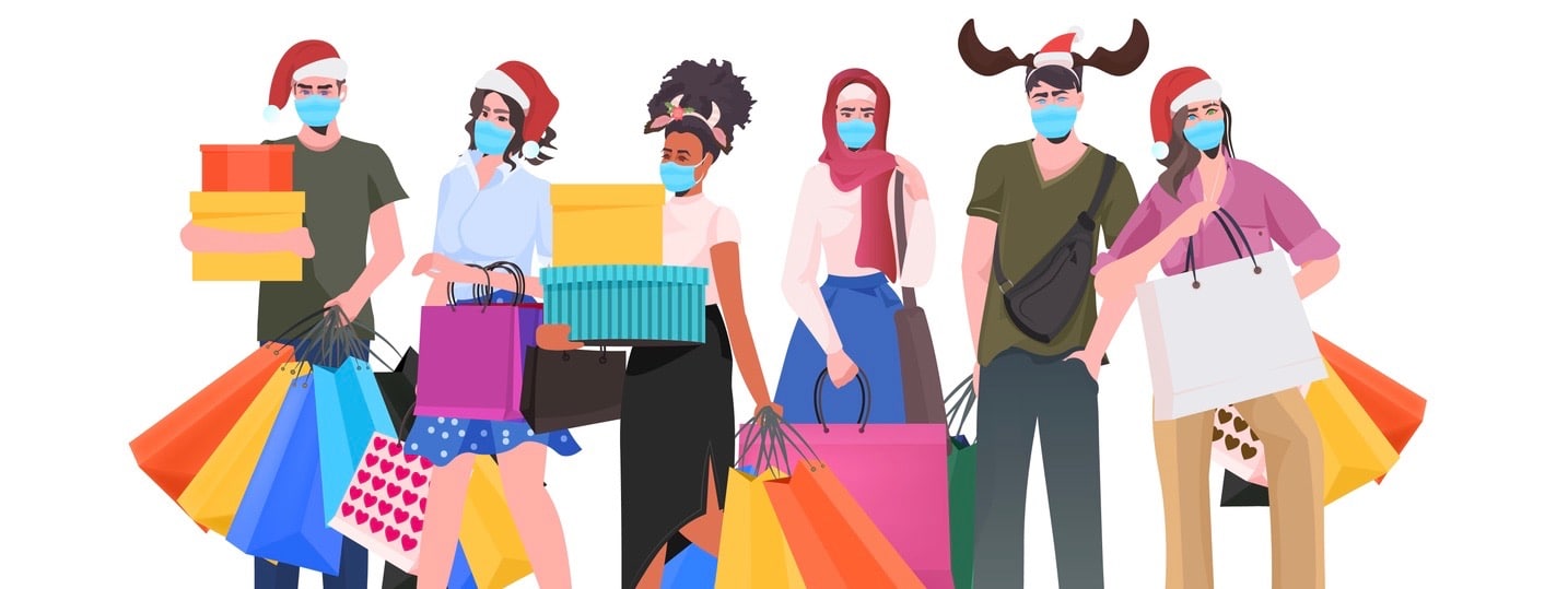 mix race people in festive hats holding shopping bags men women wearing masks to prevent coronavirus pandemic