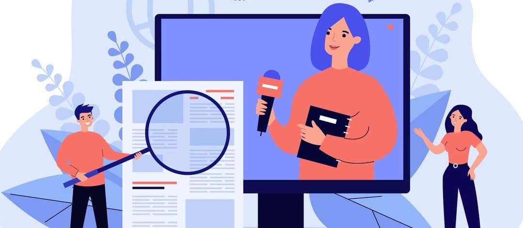 Broadcasting with journalist or newscaster reading newsletter, reporting news. People watching news on TV, reading press.