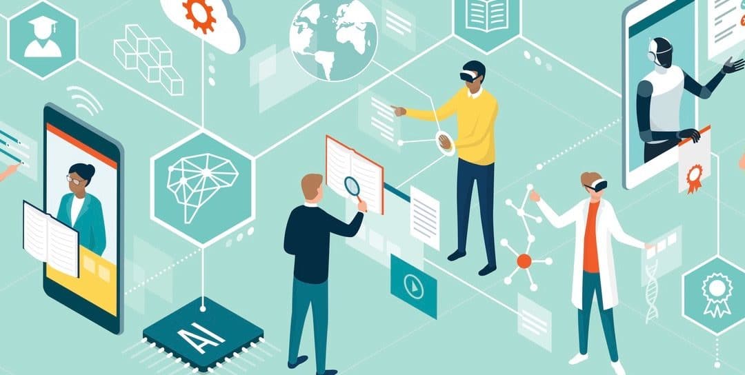 People using innovative technologies for education, attending online courses, interacting with virtual reality and artificial intelligence.