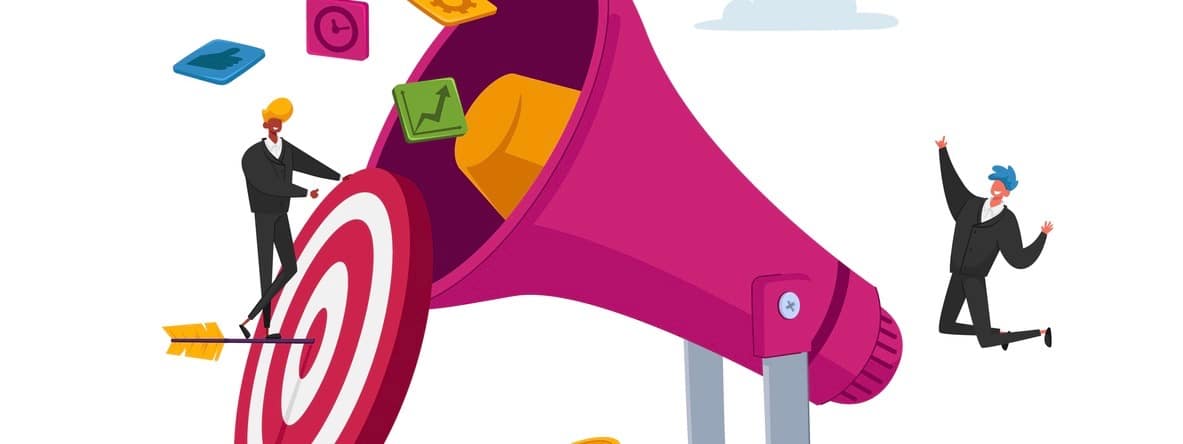 Tiny Characters Team Work with Huge Megaphone. Alert Advertising, Social Media Promotion.