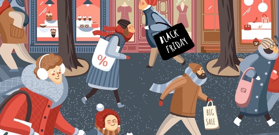 Black Friday! Vector cute illustration of people on the street in the city and families shopping at the store, at the market for sales.