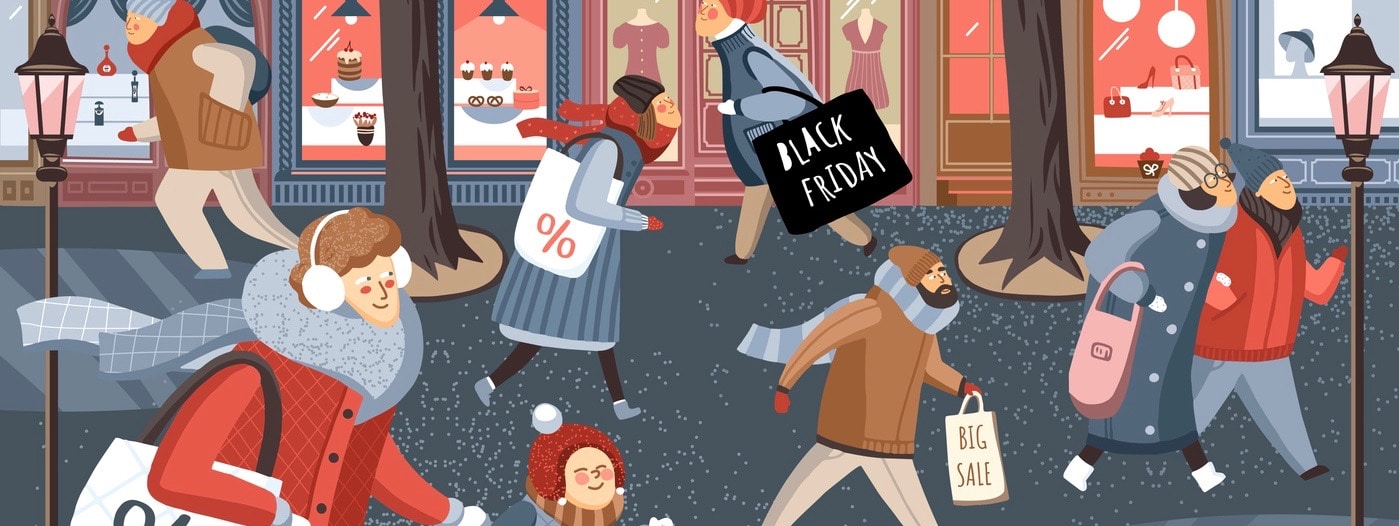 Black Friday! Vector cute illustration of people on the street in the city and families shopping at the store, at the market for sales.