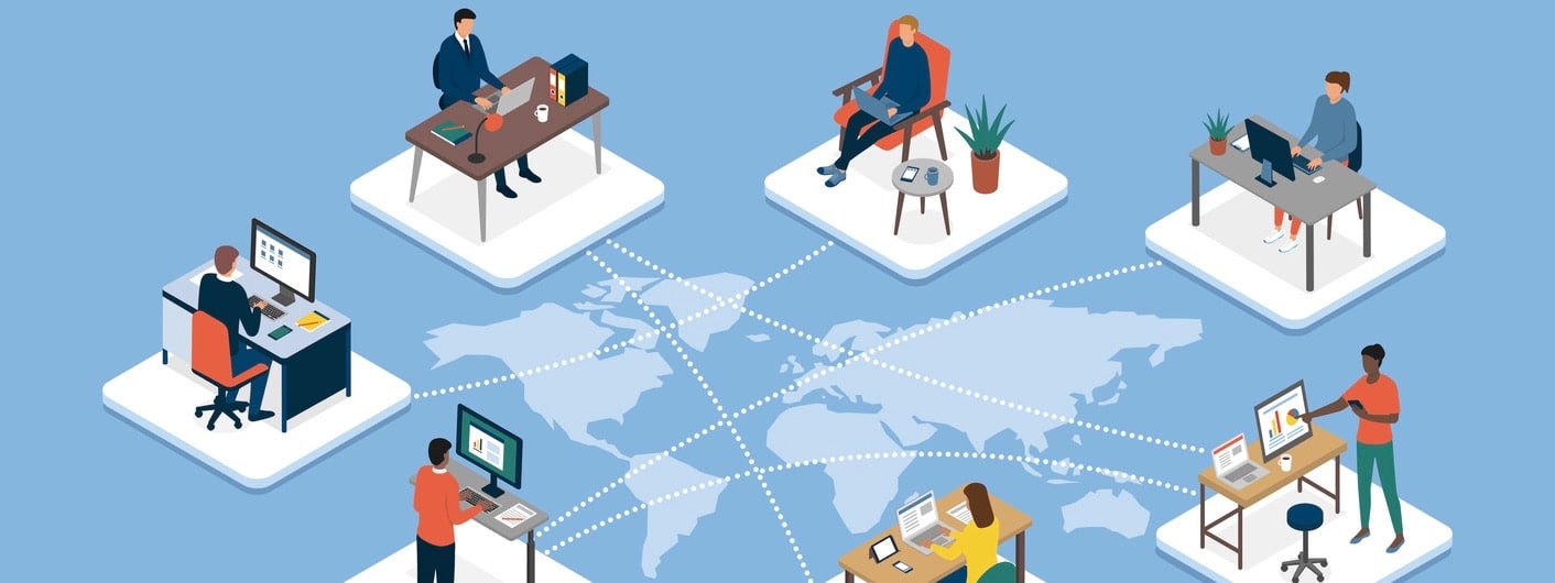 International business team connecting online together and teleworking: work outsourcing and telecommuting concept