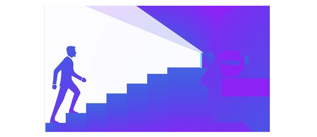 An illustration of a person walking up the stairs toward the light.