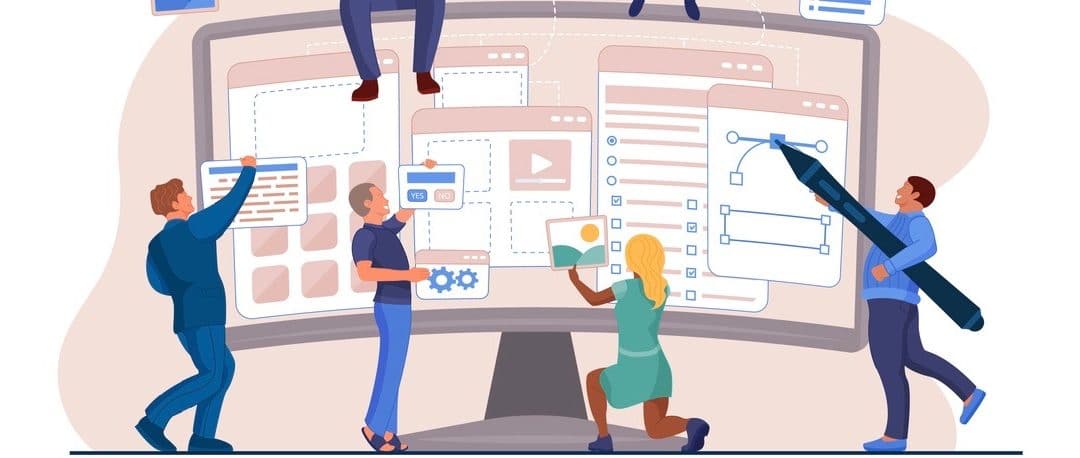 Developer programming code, creating content and user website application mockup