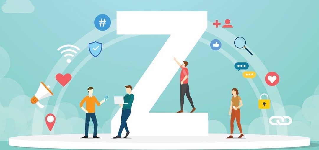 generation z concept people with team in front of giant Z