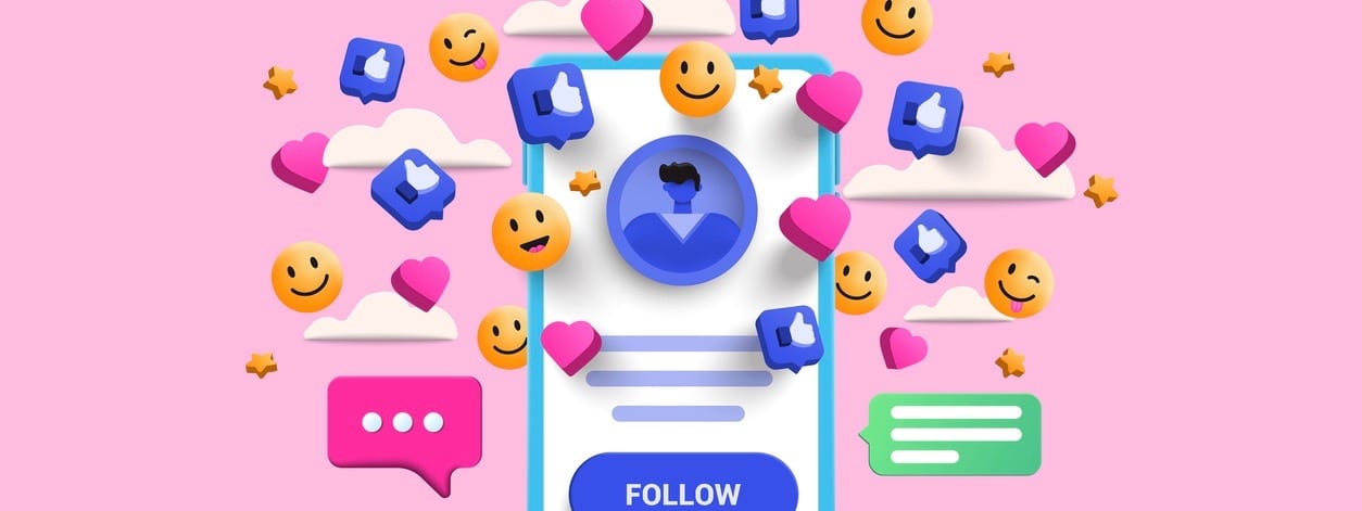 emoji, hearts, chat and chart with smartphone background