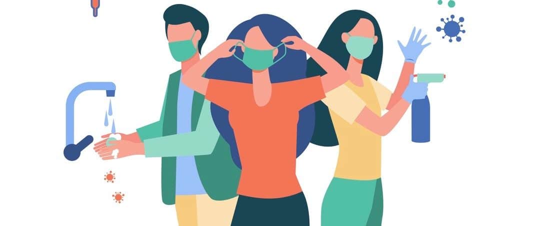 Hygiene during coronavirus epidemic. People in gloves and face masks, washing hands, cleaning surfaces with alcoholic sanitizers.