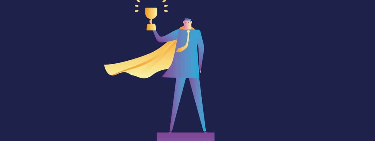 Superman standing on the podium holding a trophy stock illustration