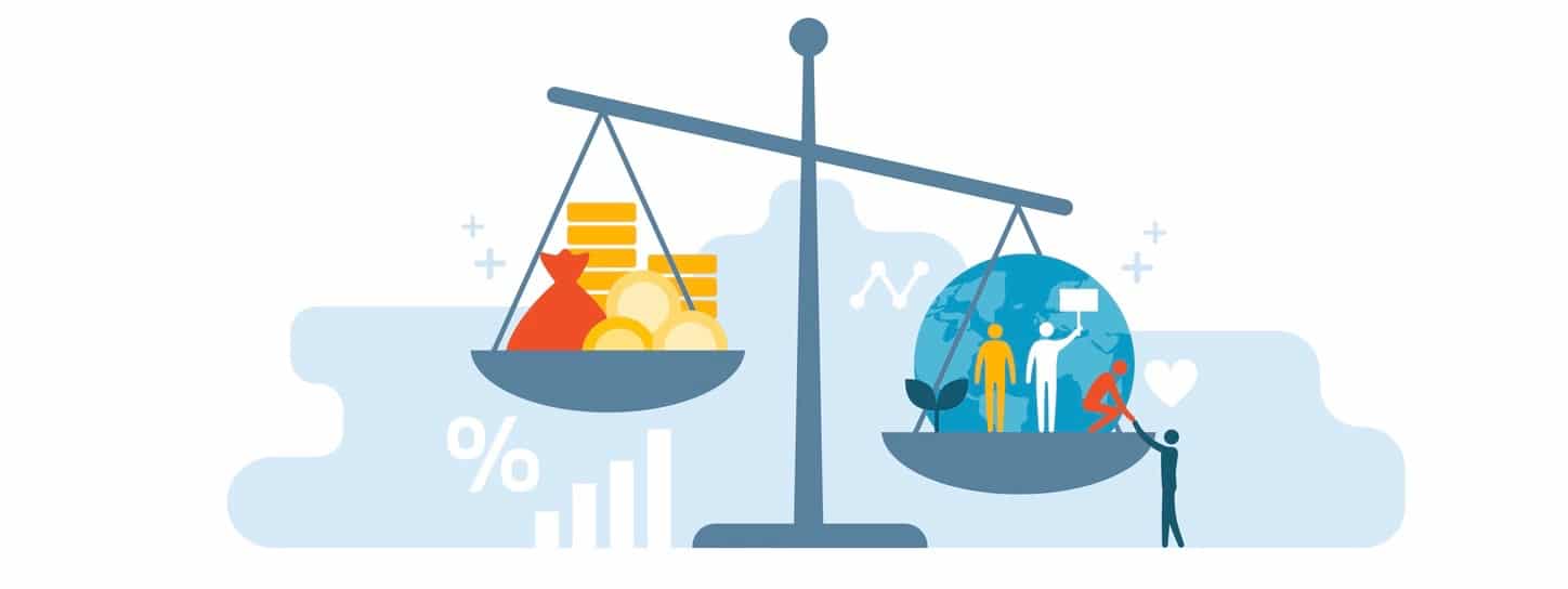 Scale with wealth and cash money on a plate and people, world, environment on the other.