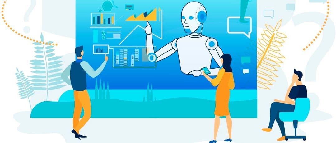 Artificial Intelligence in Business Analytics. People Character near Screen with Infographics.