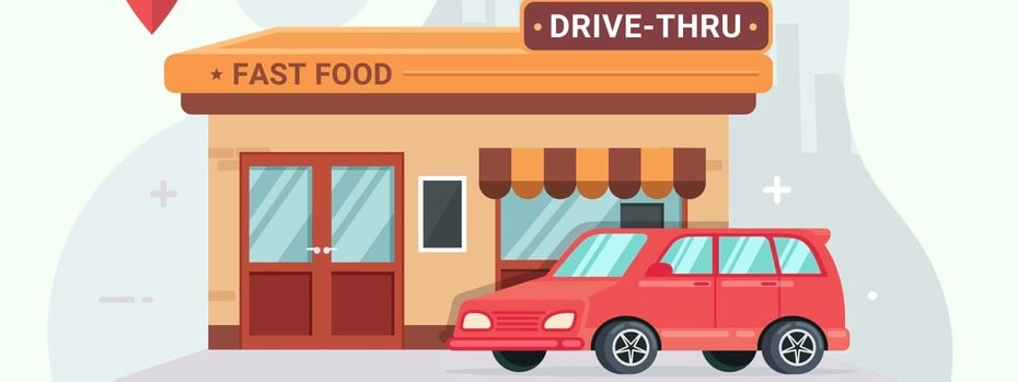 Drive thru fast food restaurant vector illustration cartoon