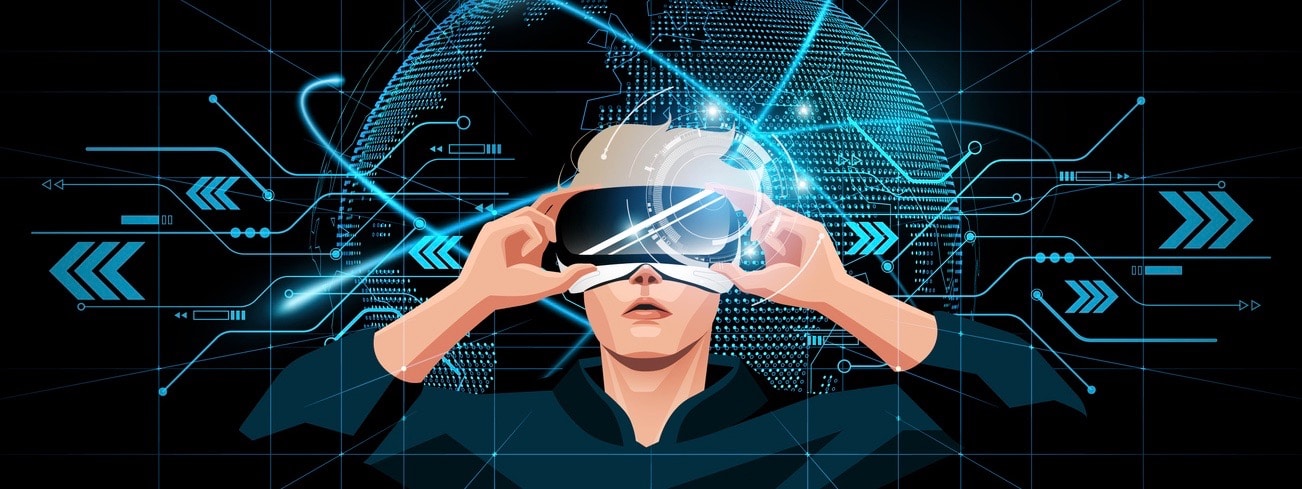 Man holding virtual reality glasses on futuristic interface